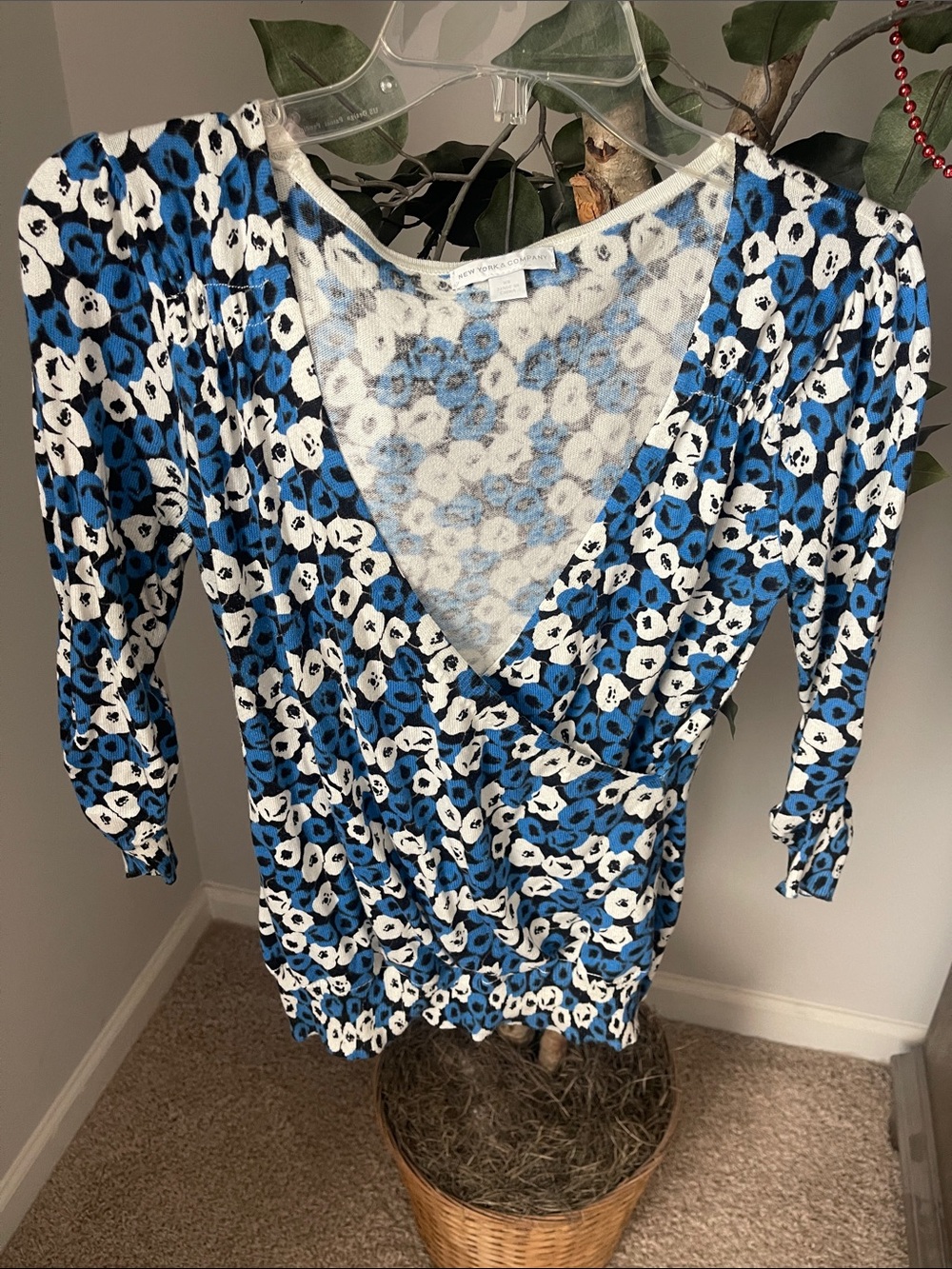 New York & Company Blue and White Floral Faux Wrap Cardigan